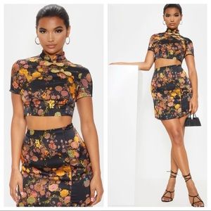 Black Print Satin A Line Skirt & Satin Crop Top